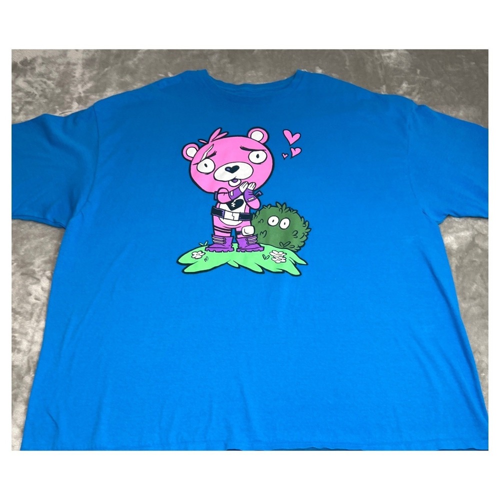 Fortnite Cuddle Team Leader Pink Bear Blue Graphic T-Shirt Mens 4XL Gaming Tee